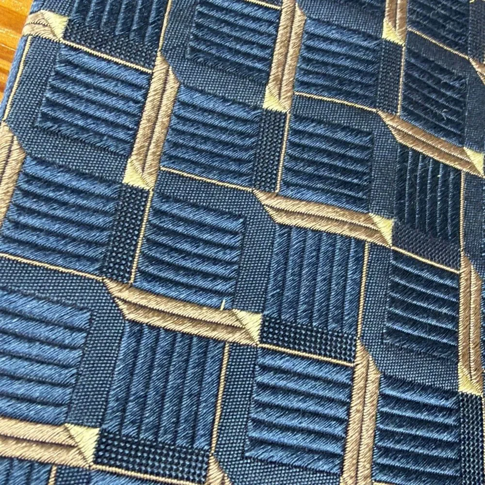 ERMENEGILDO ZEGNA ***** Silk Necktie ITALY Luxury Geometric Blue/Gold Check EUC